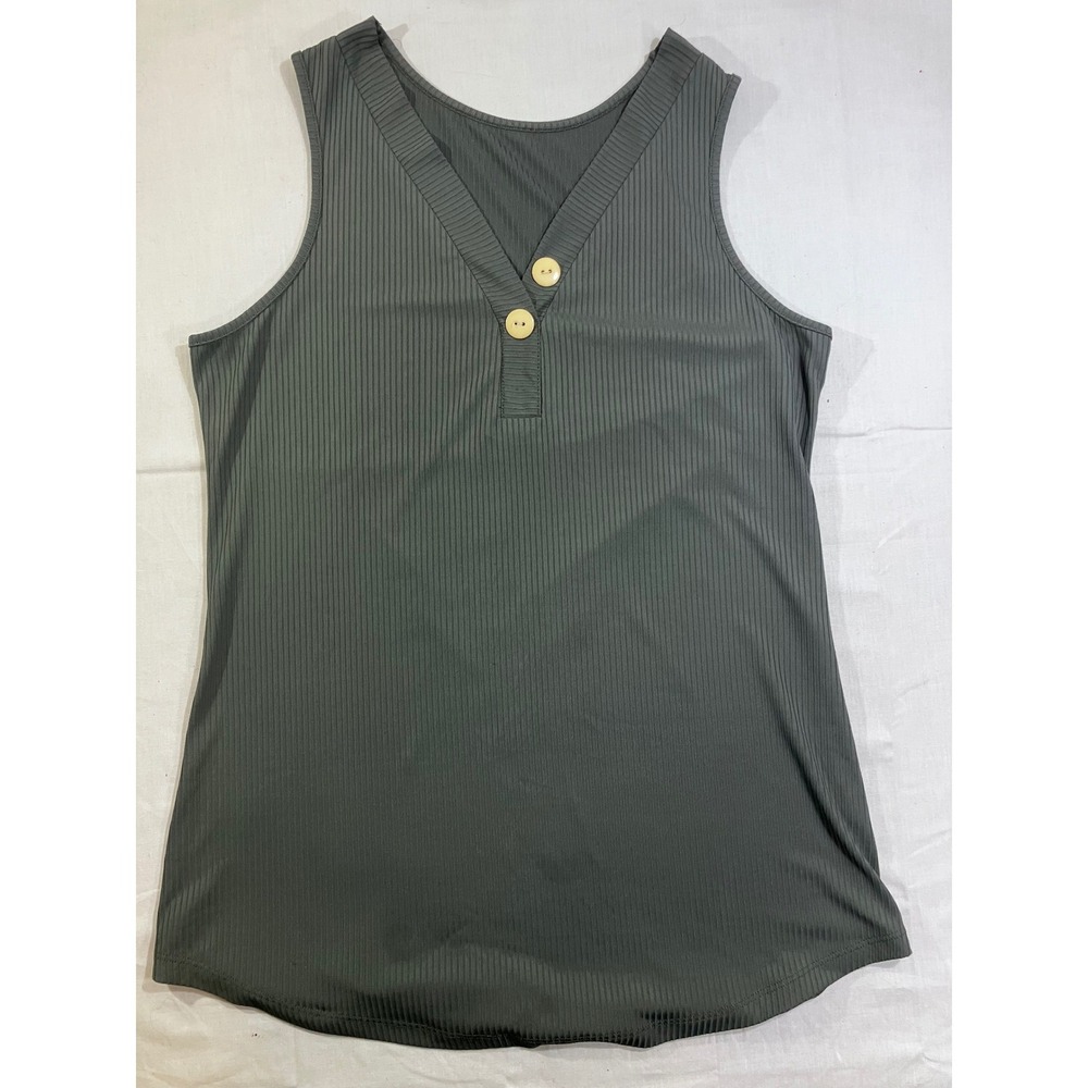 Womens Olive Green Ribbed Sleeveless‎ V-Neck Tank Top with Faux Buttons Size L